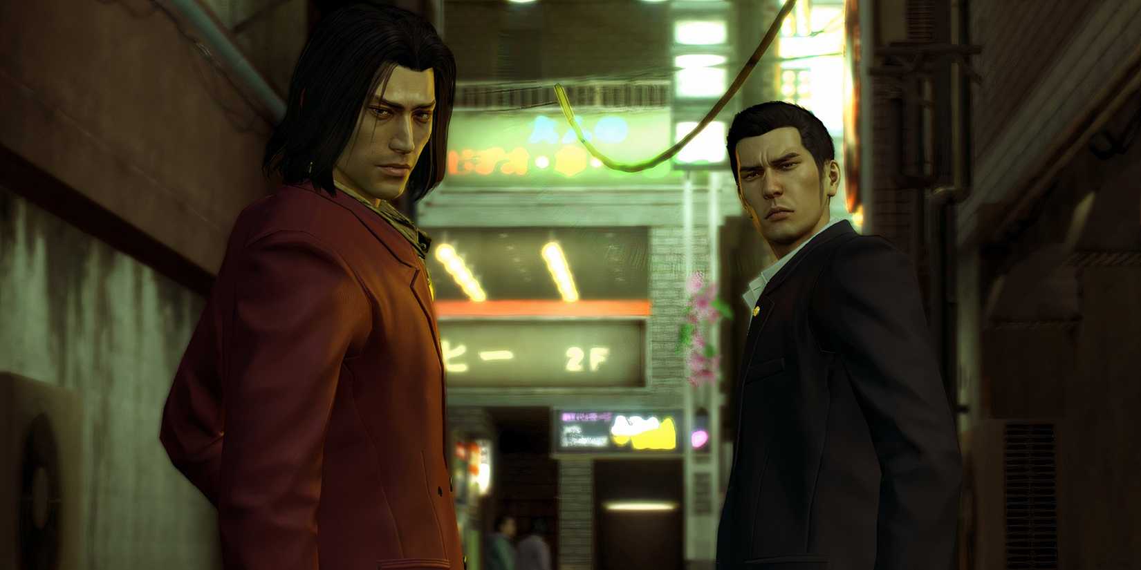 yakuza zero 0 kazama kiryu standing with akira nishikiyama outside