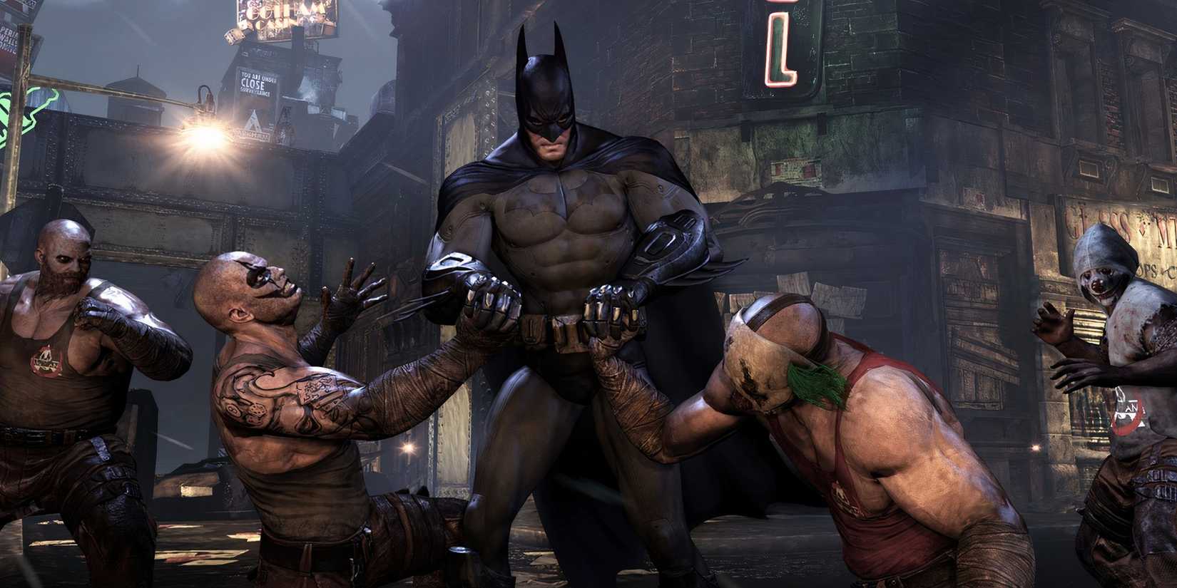 Batman countering two thugs in Arkham city