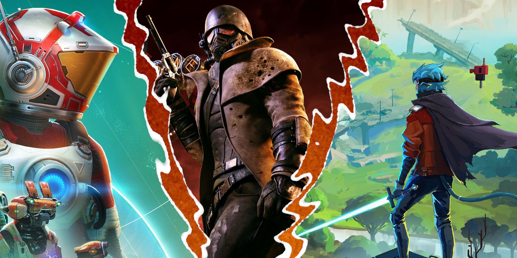 Best Open World Survival Games Thumbnail, featuring No Man's Sky, Fallout: New Vegas, and Hyper Light Breaker.