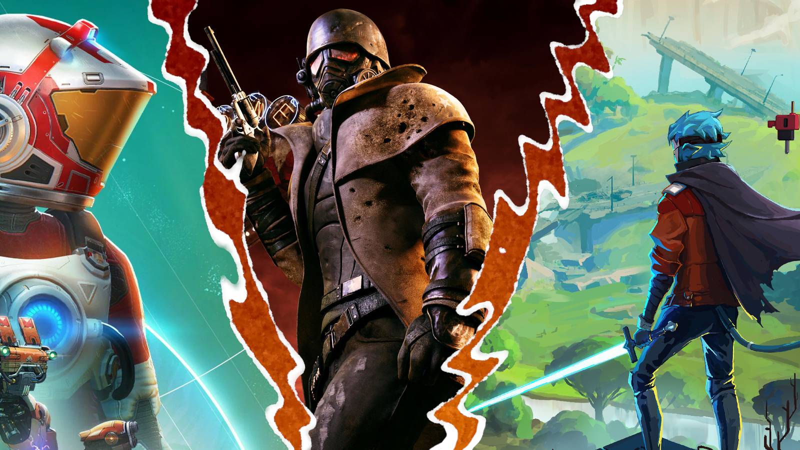 Best Open World Survival Games Thumbnail, featuring No Man's Sky, Fallout: New Vegas, and Hyper Light Breaker.