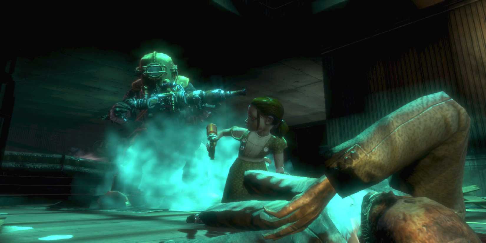 BioShock Little sister harvesting with the Big Daddy