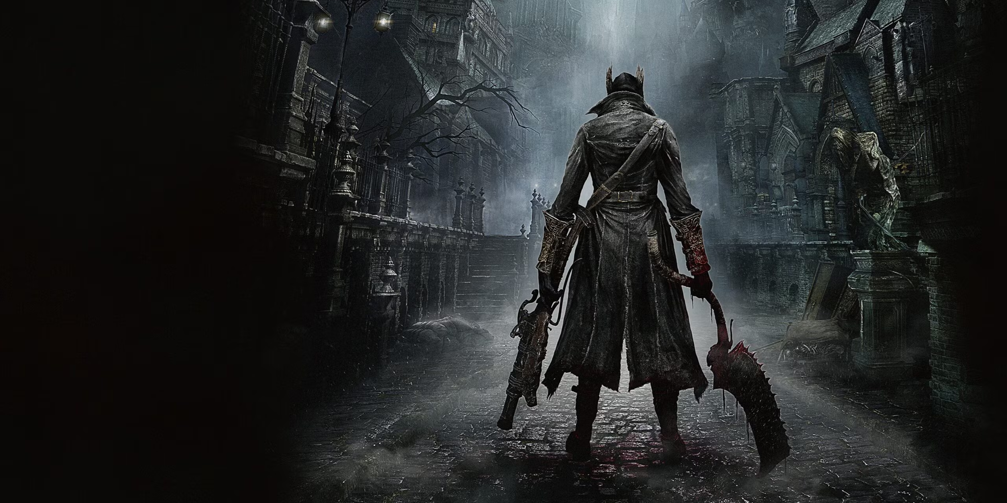 Bloodborne hunter stands in street in promotional art.