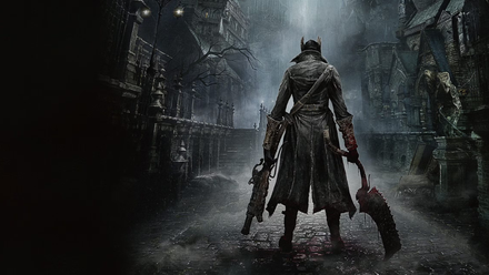 Bloodborne hunter stands in street in promotional art.