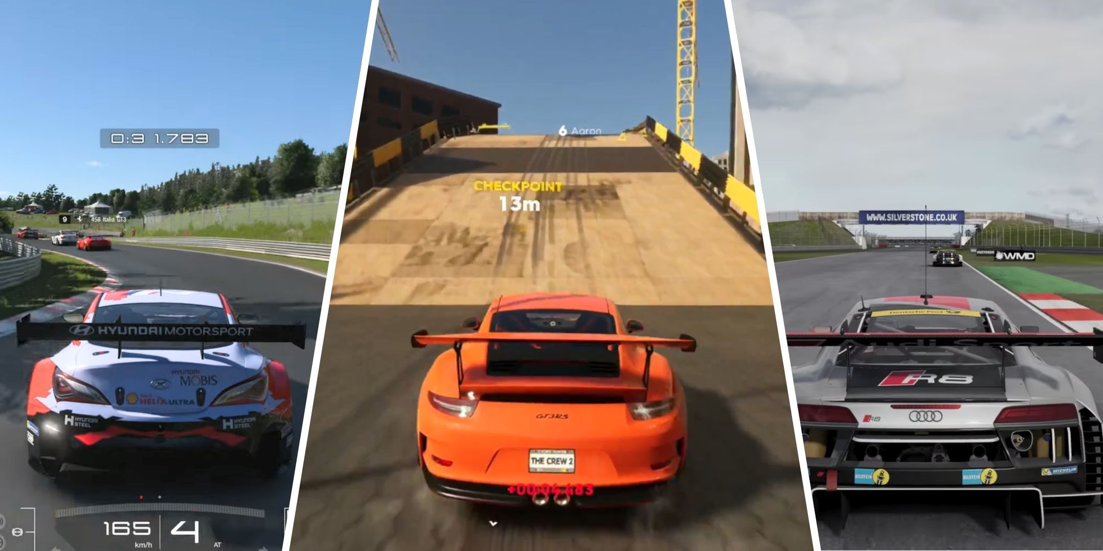 A split image showing vehicles in racing games.