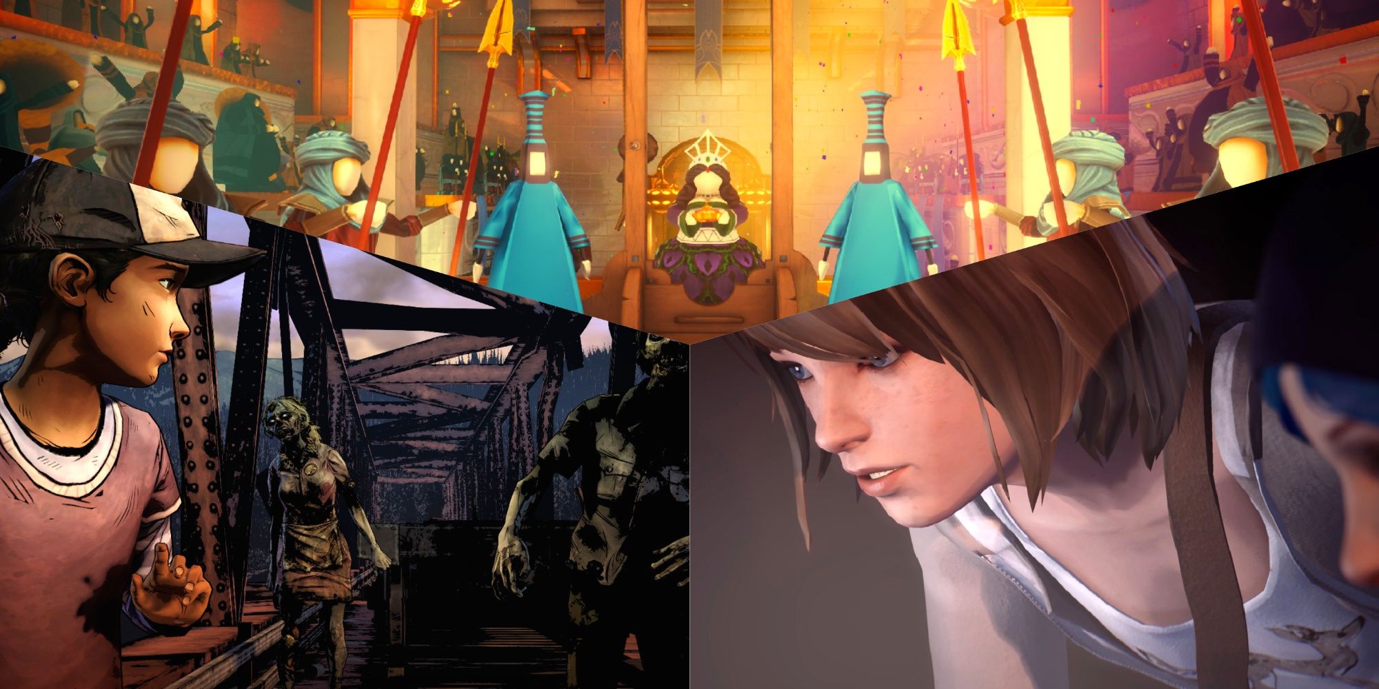 Clementine walking from zombies, Max Caulfield looking at computer, a princess holding court