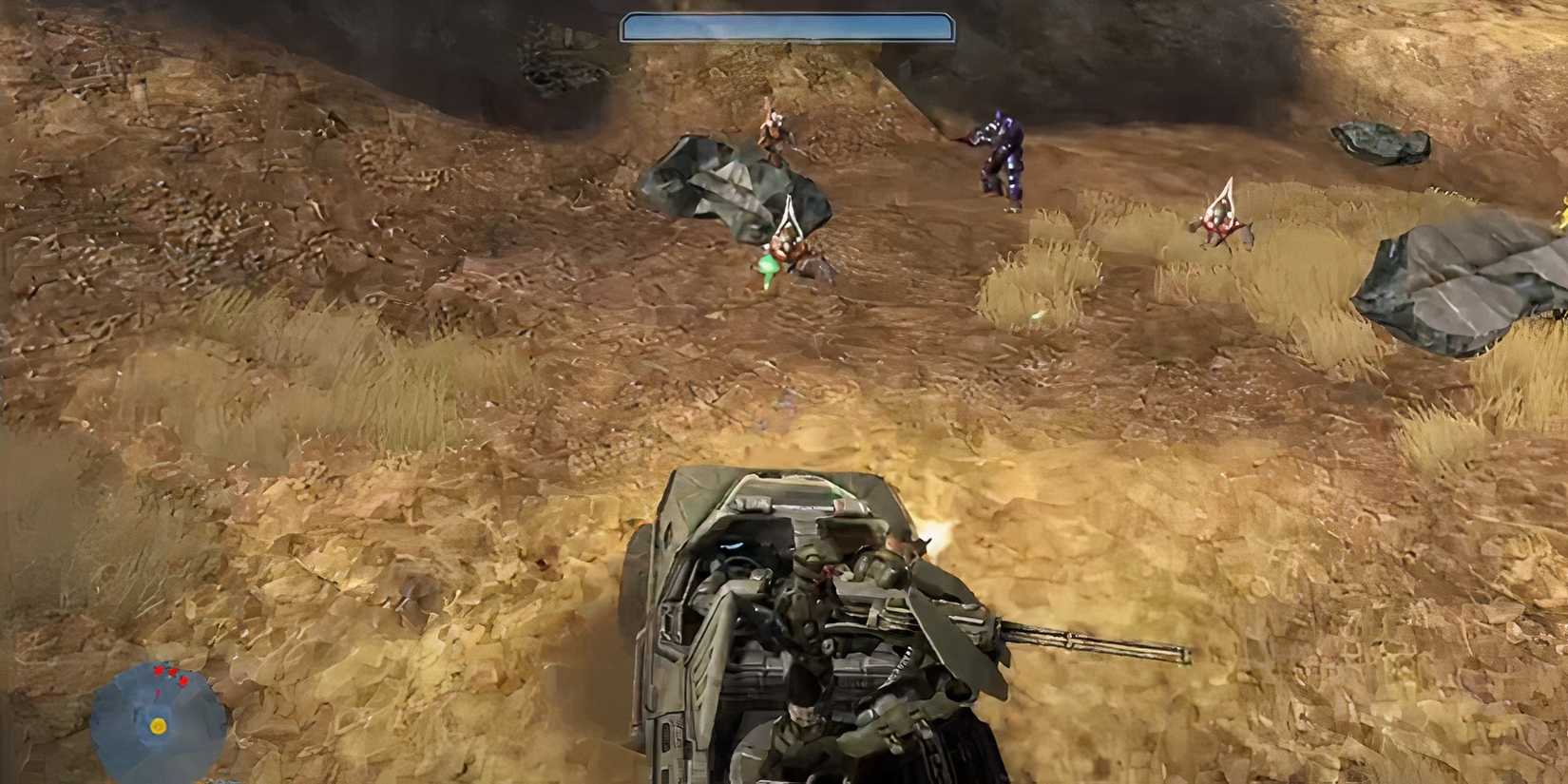 Master Chief driving a Warthog with Marines shooting at Covenant forces - Grunts and a Brute - in Halo 3