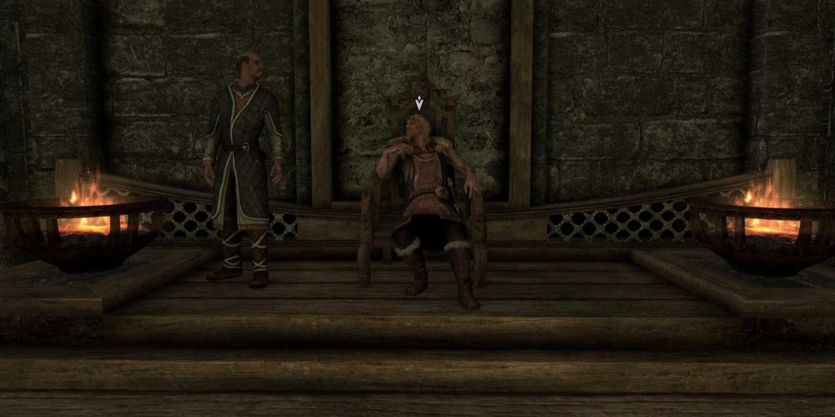 Jarl Bahlgruf sits on the throne in Skyrim's Whiterun.