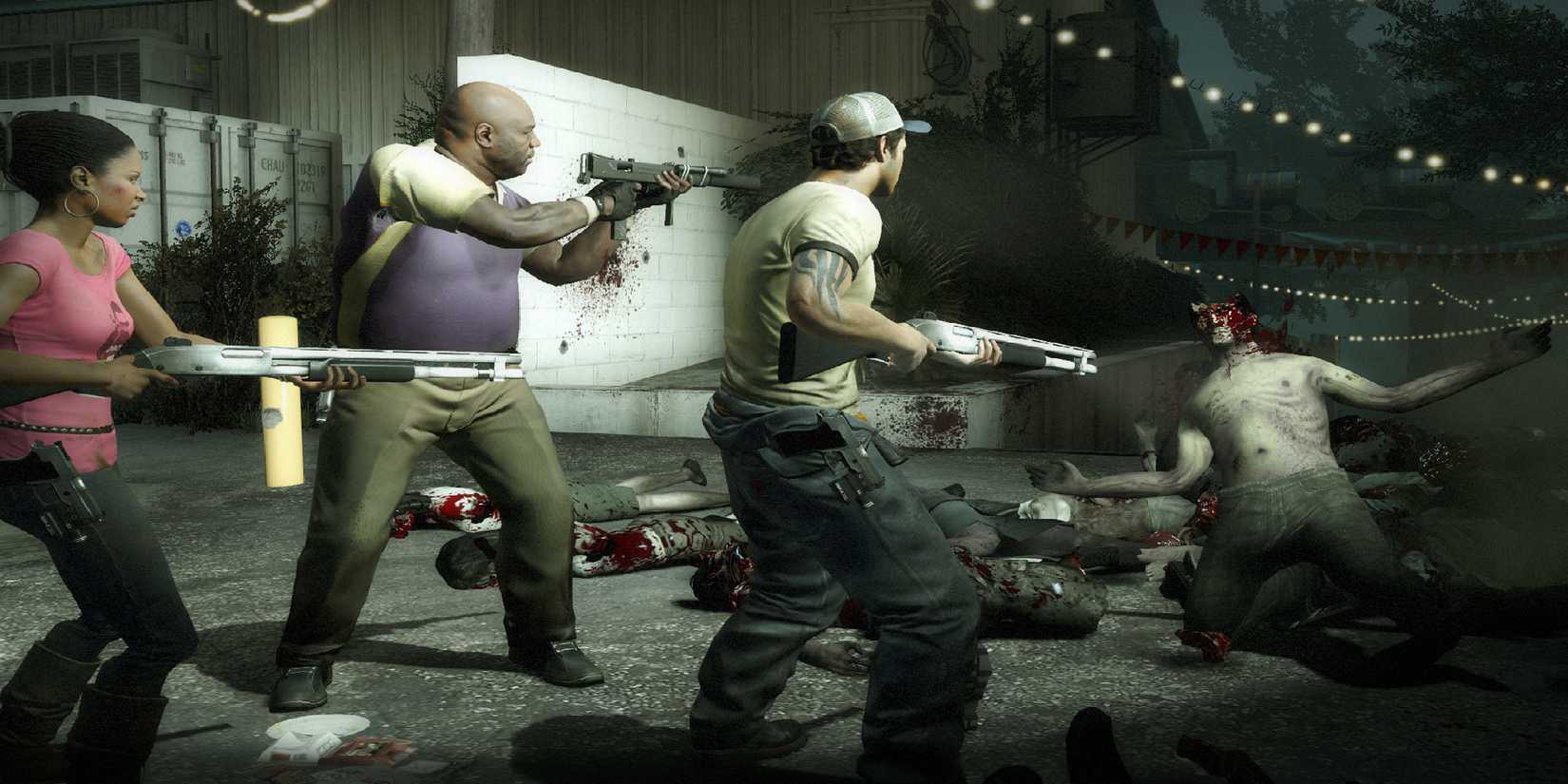 Left 4 Dead 2 Players fighting off zombies  in parking lot