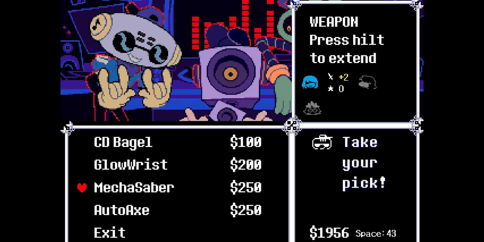A screenshot of the Mecha Saber and Auto Ax in The Guys' Shop in Deltarune.