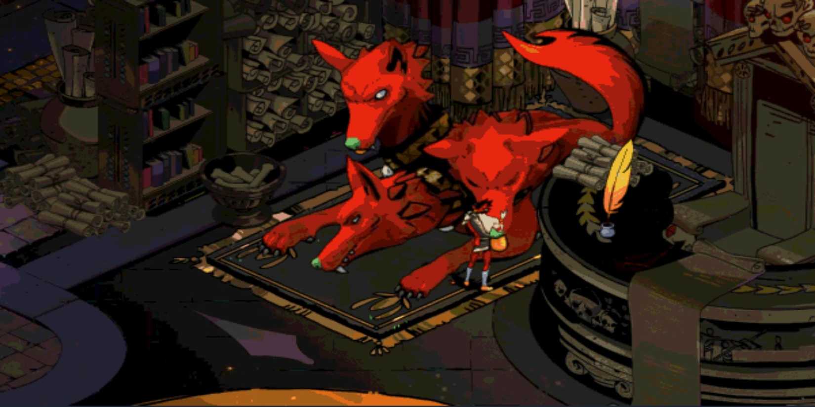 Zagreus petting Cerberus in Hades.