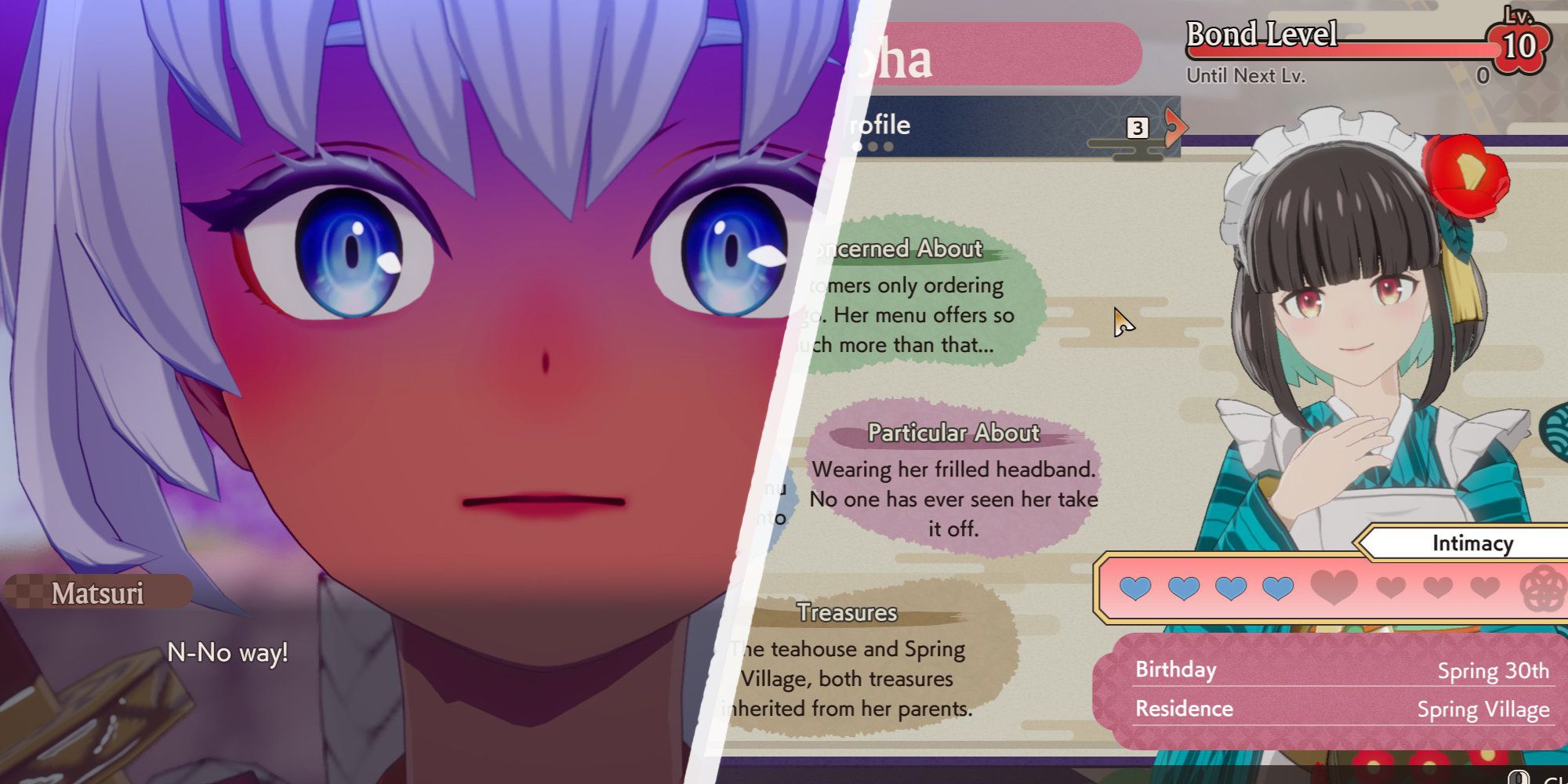 Forging bonds with the party members Matsuri and Iroha in Rune Factory: Guardians of Azuma.