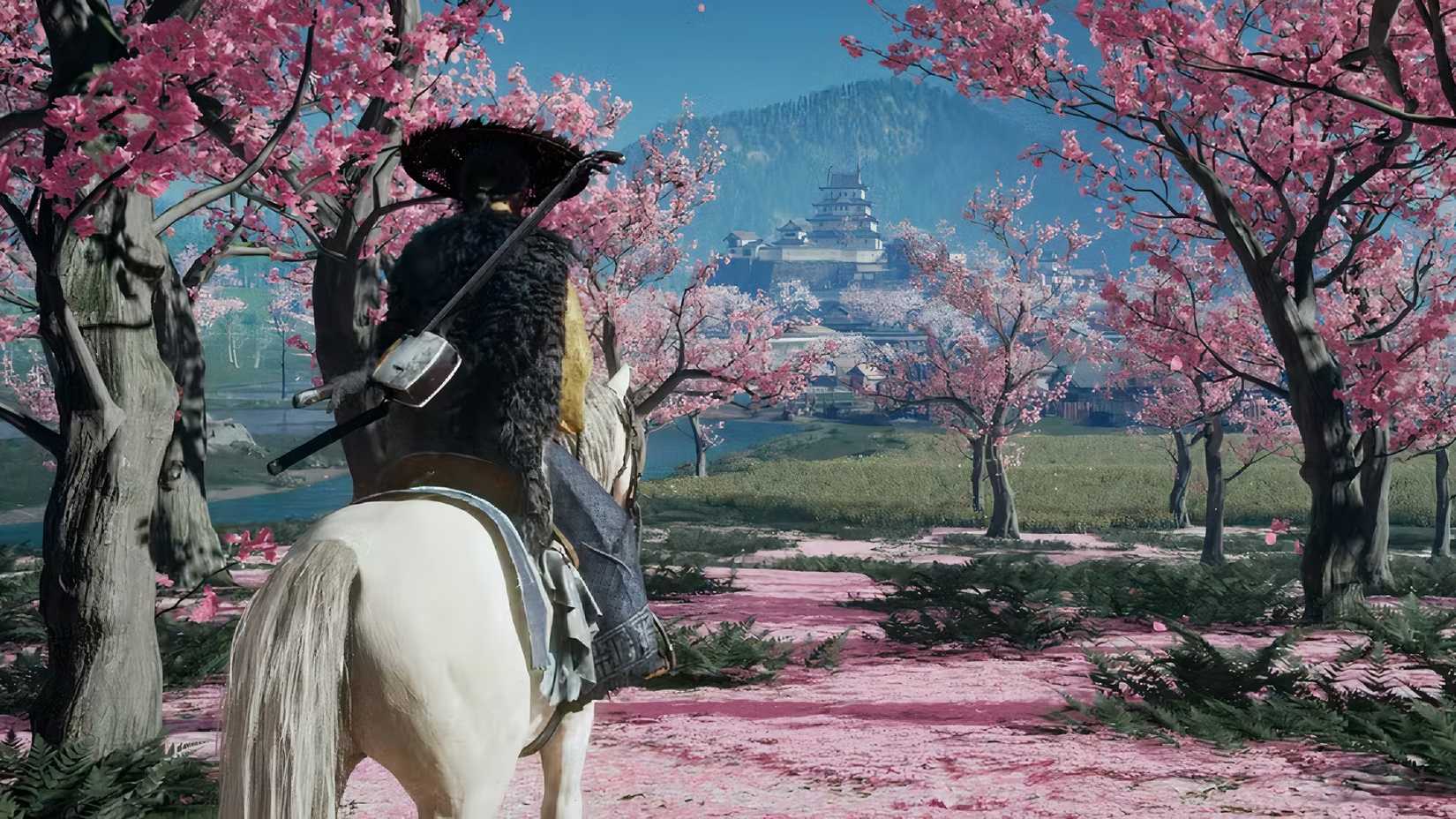 Ghost of Yotei protagonist riding a horse in a field of blossom trees.