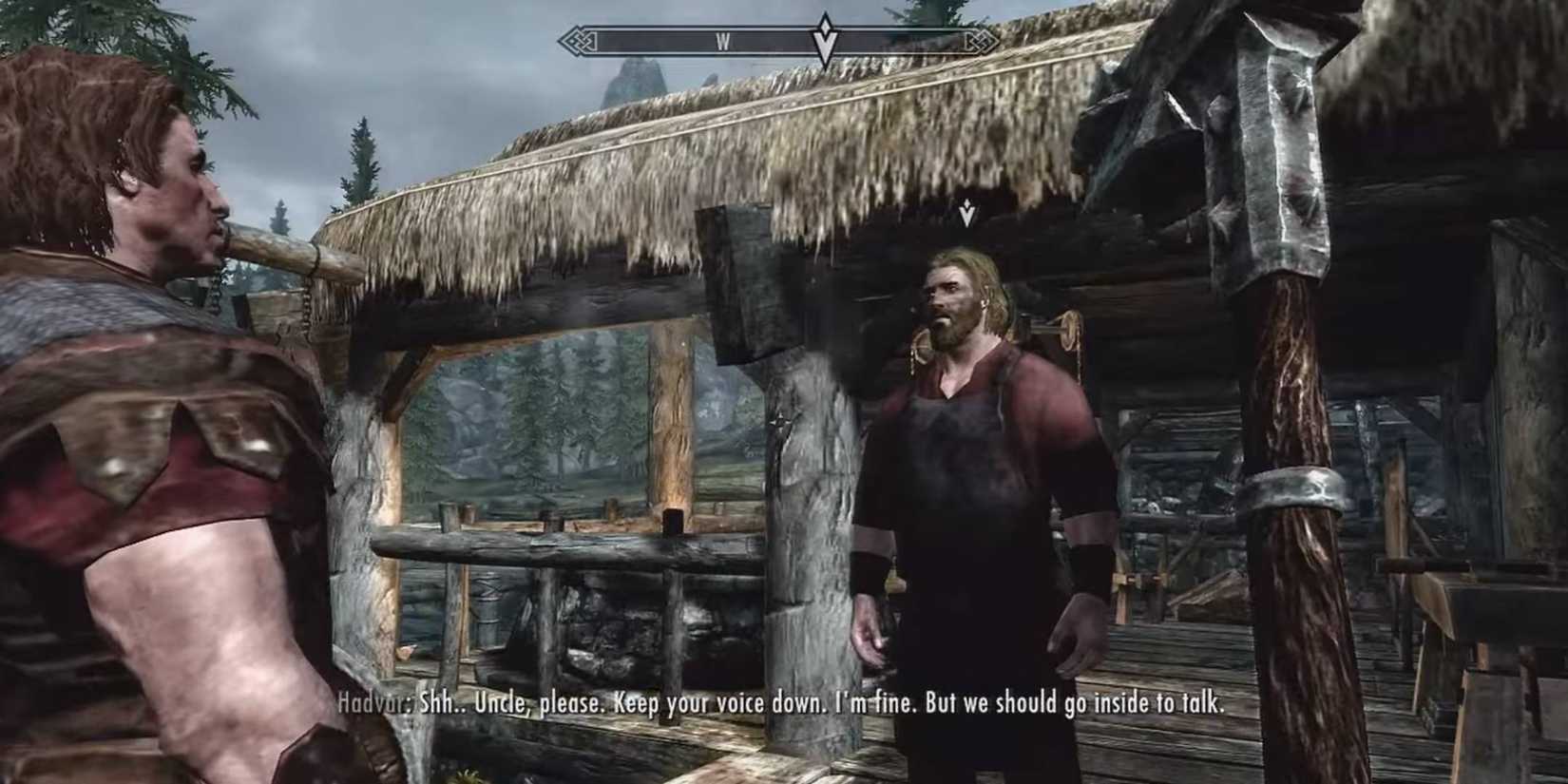 Characters talking to the blacksmith in Skyrim.