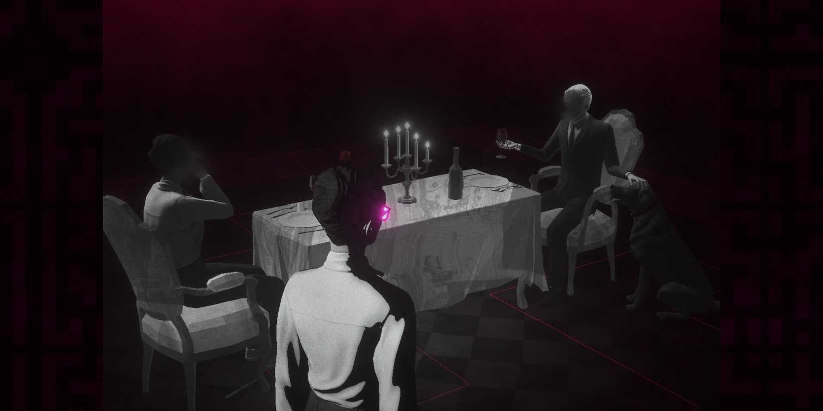 Obscured individuals at a dinner table in Lorelei and the Laser Eyes