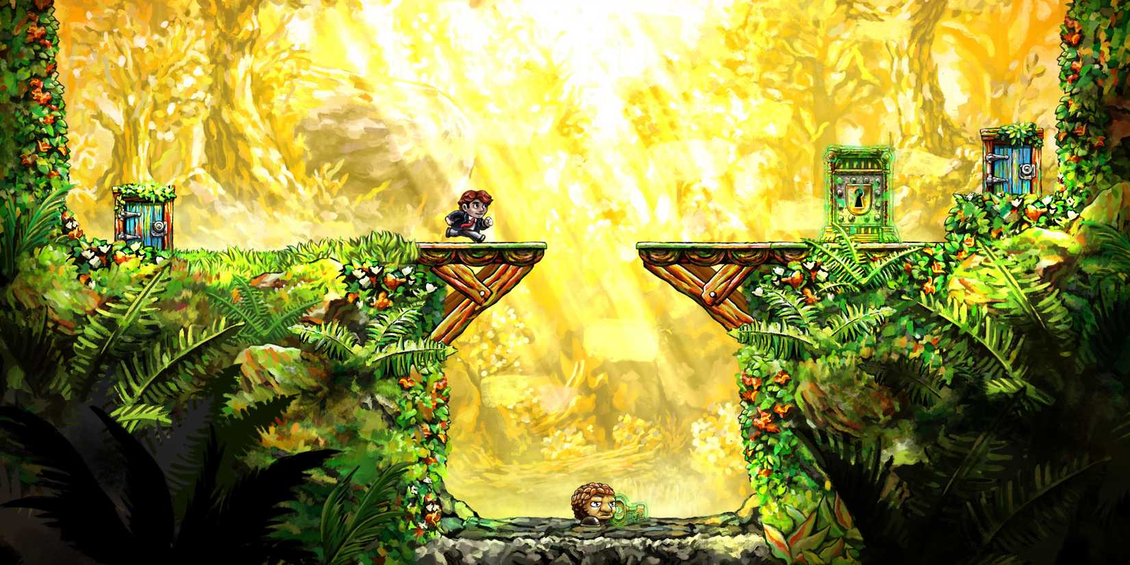 An enemy in a pit between two platforms in Braid