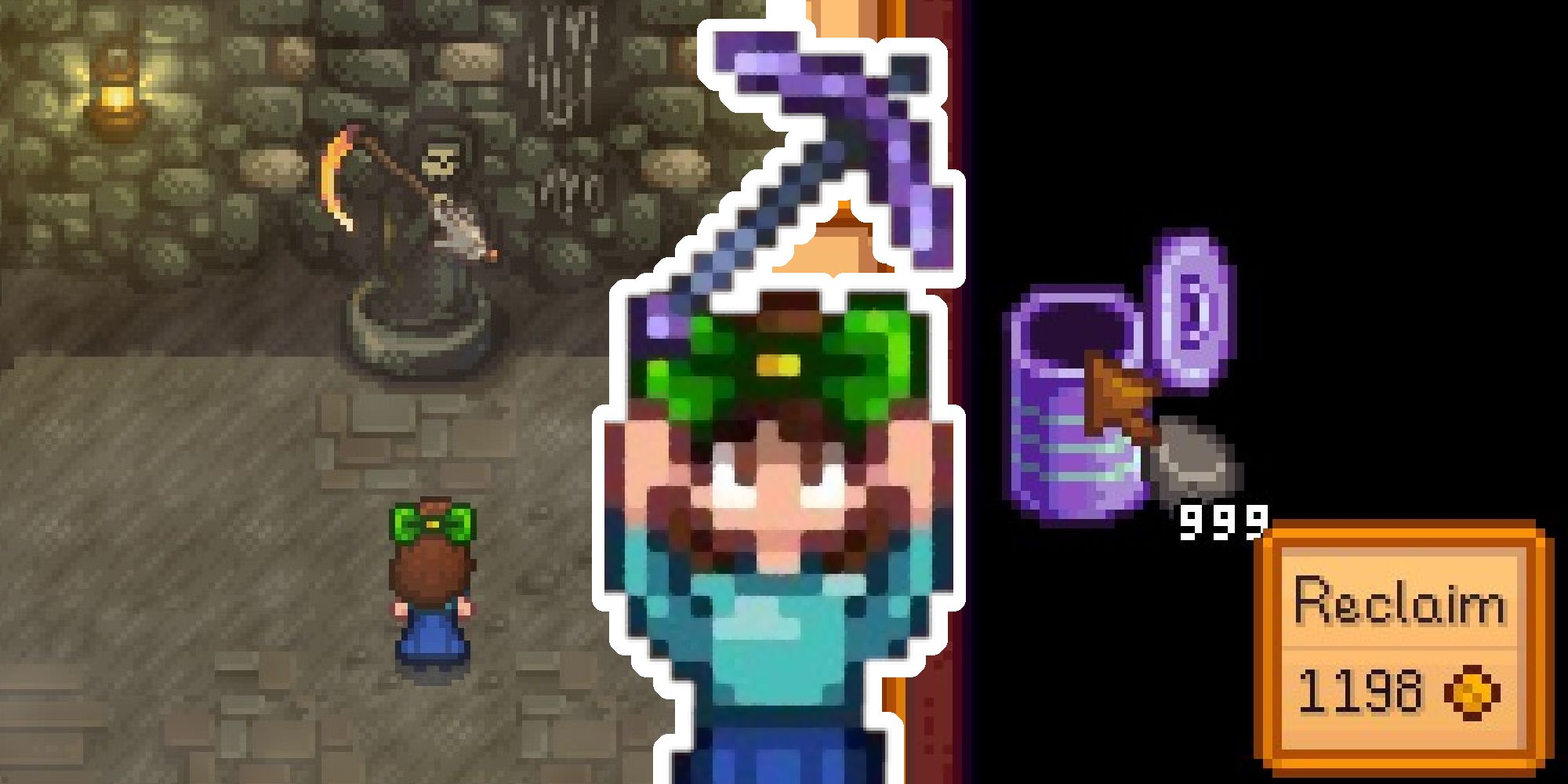 Stardew Valley Best Tool Upgrades thumbnail, featuring the Golden Scythe, Iridium Pickaxe, and Iridium Garbage Can.