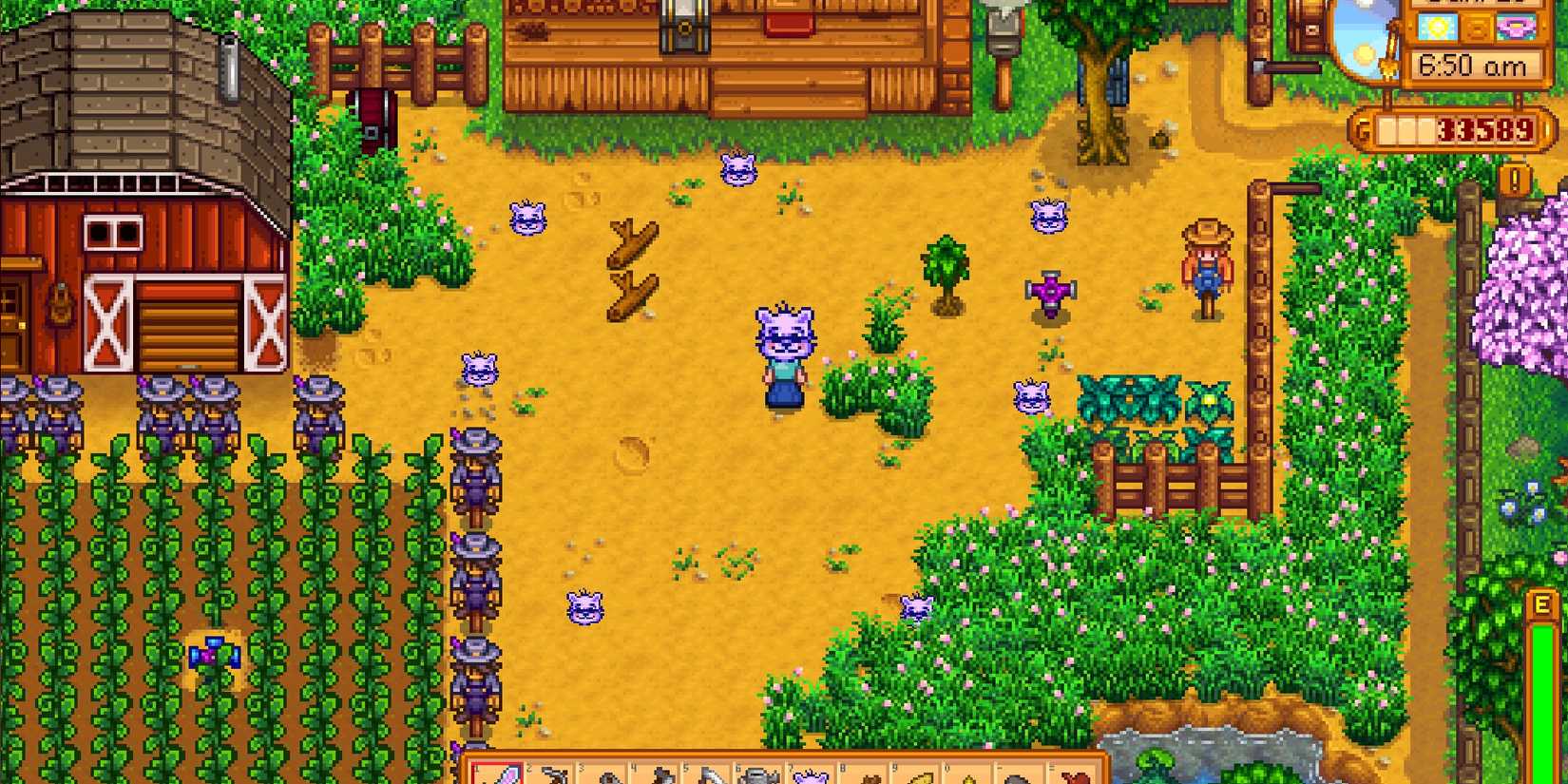 Image of Stardew Valley, with the player wearing the ??? Hat, surrounded by ??? Hats.