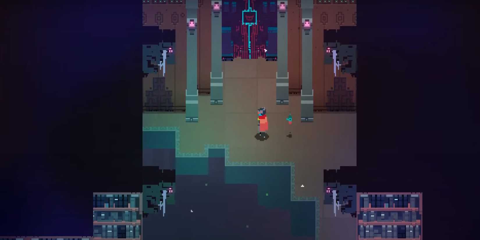 The player standing in the middle of an empty library room just before a boss fight in Hyper Light Drifter.