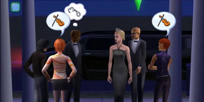 Sim characters exchange dialogue at a red carpet event in The Sims 2.