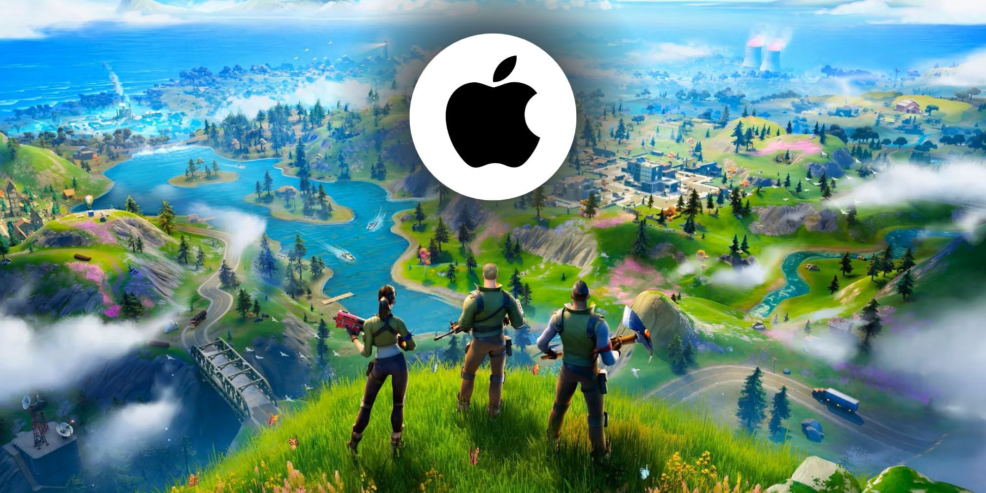 A Fornite promotional image and the Apple logo.