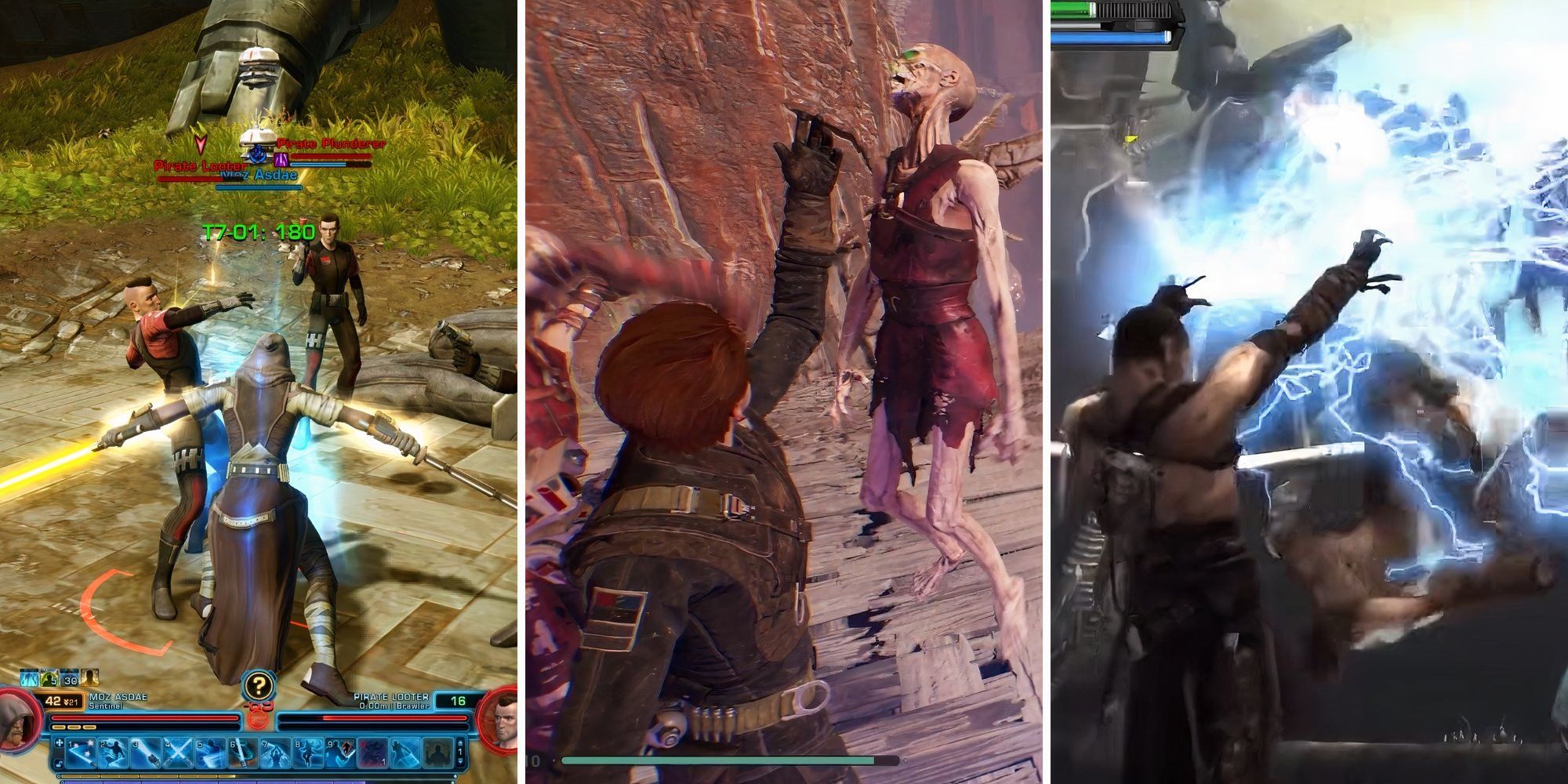 Split image of three characters from Star Wars games using Force powers