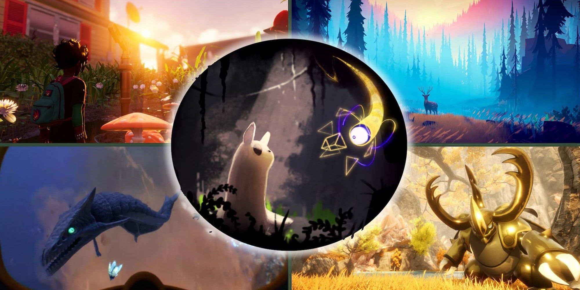 Best Survival Games for Non-Survival Fans Collage with Images from Grounded, Among Trees, Subnautica, Palworld, and Rain World