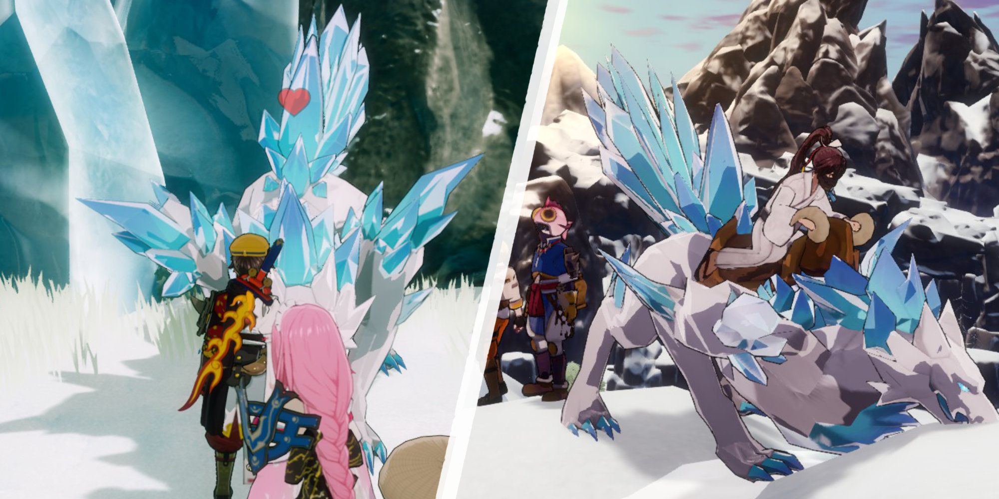 Befriending and riding the White Wolf boss monster of the Winter Region in Rune Factory: Guardians of Azuma.