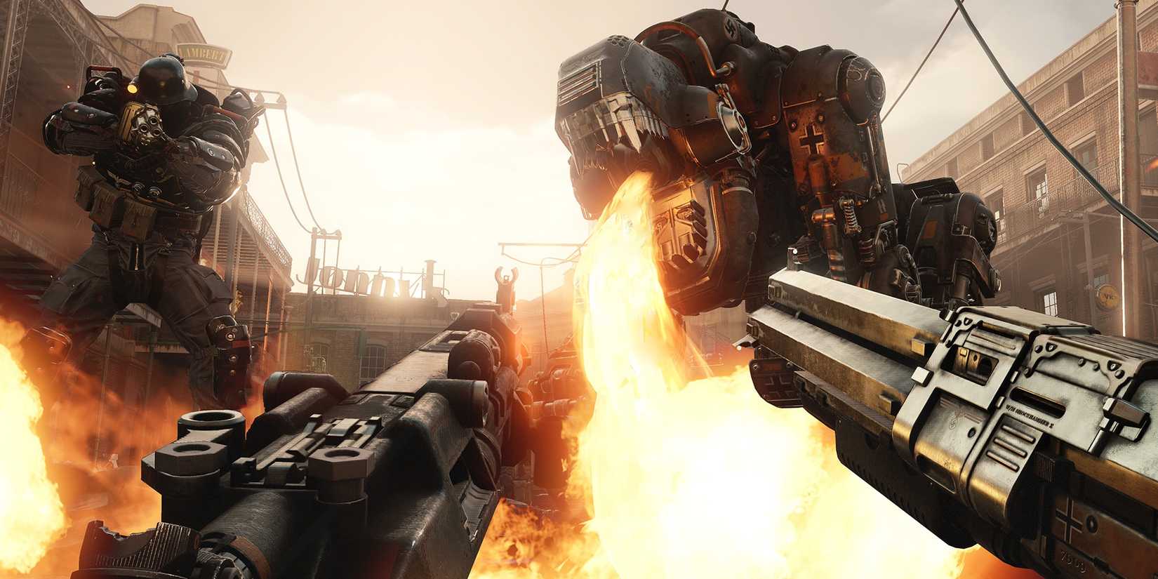 A Panzerhund breathes fire in Wolfenstein II