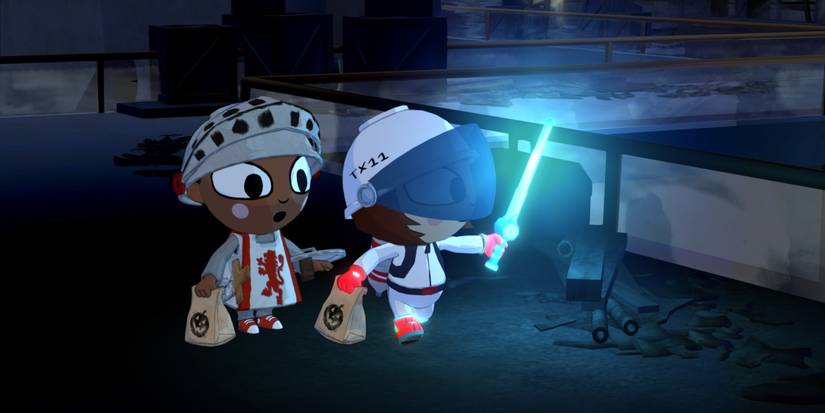 Wren lights a dark space with the Astronaut costume in Costume Quest