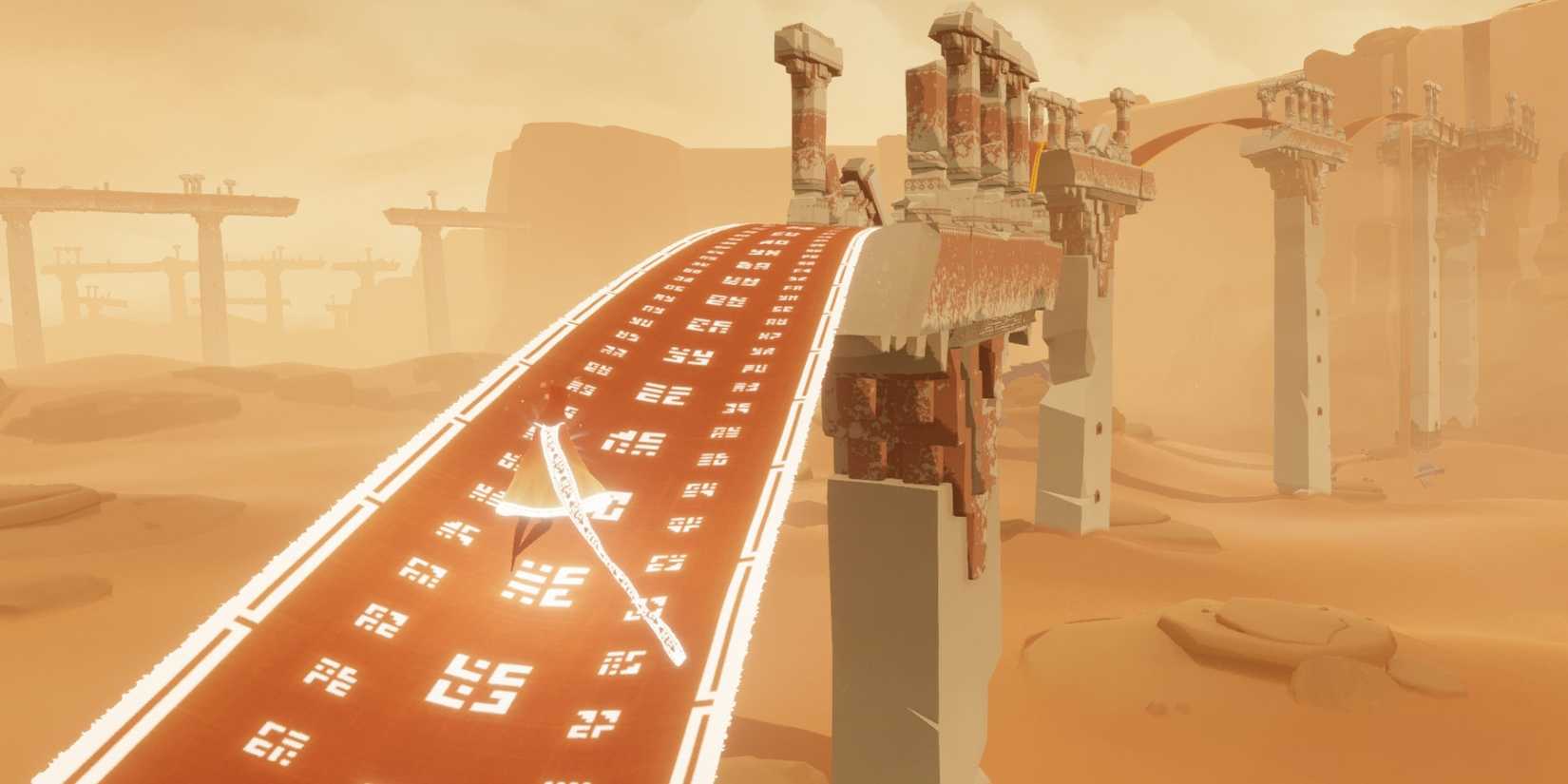 Walking along a fabric bridge in Journey