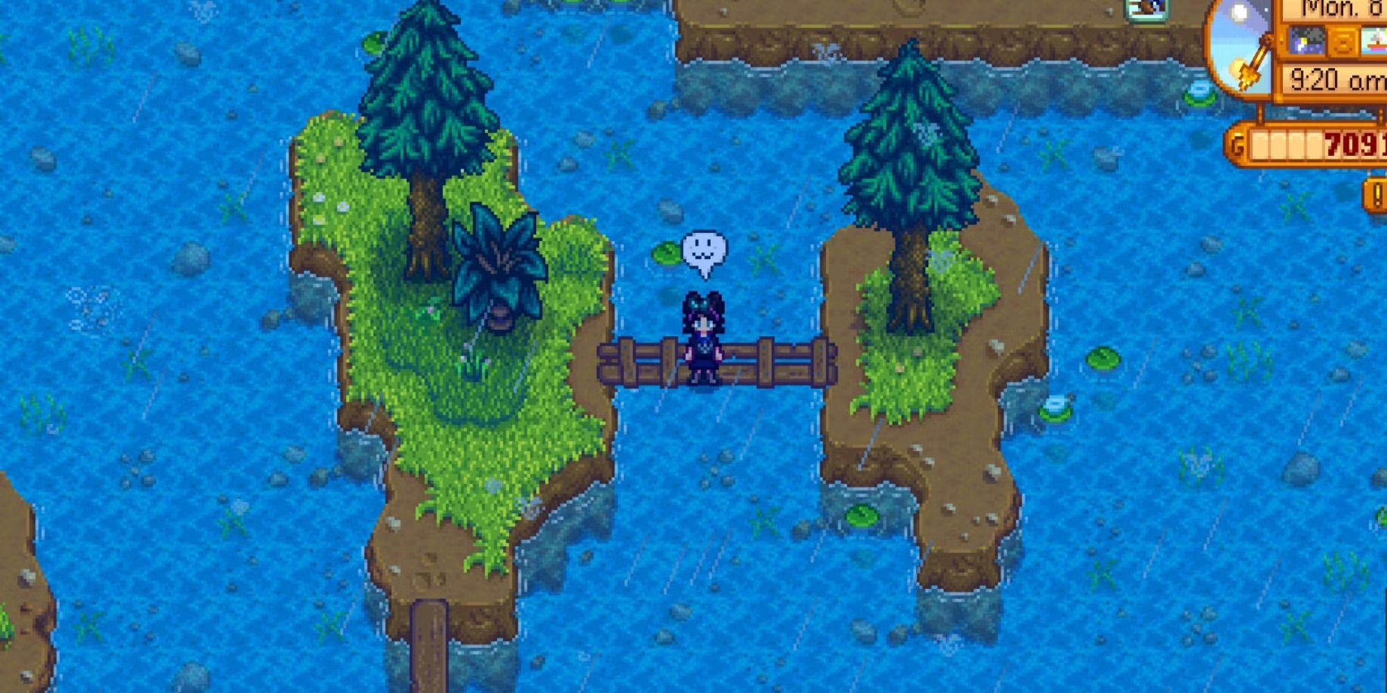 The player using the smiling emoji on the lake in Stardew Valley.