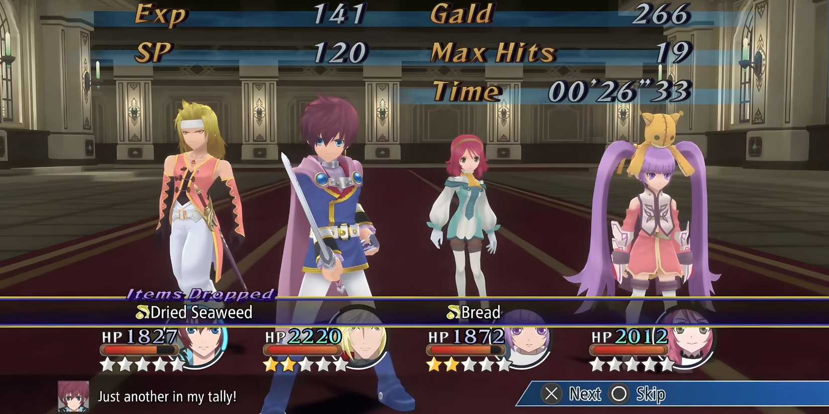Tales of Graces battle end screen showing main cast