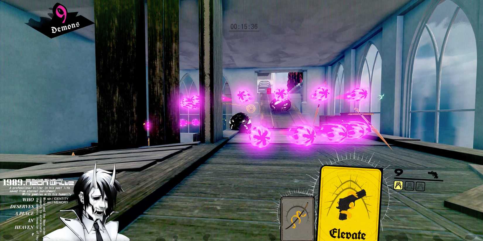 Dodging enemy bullets in Neon White