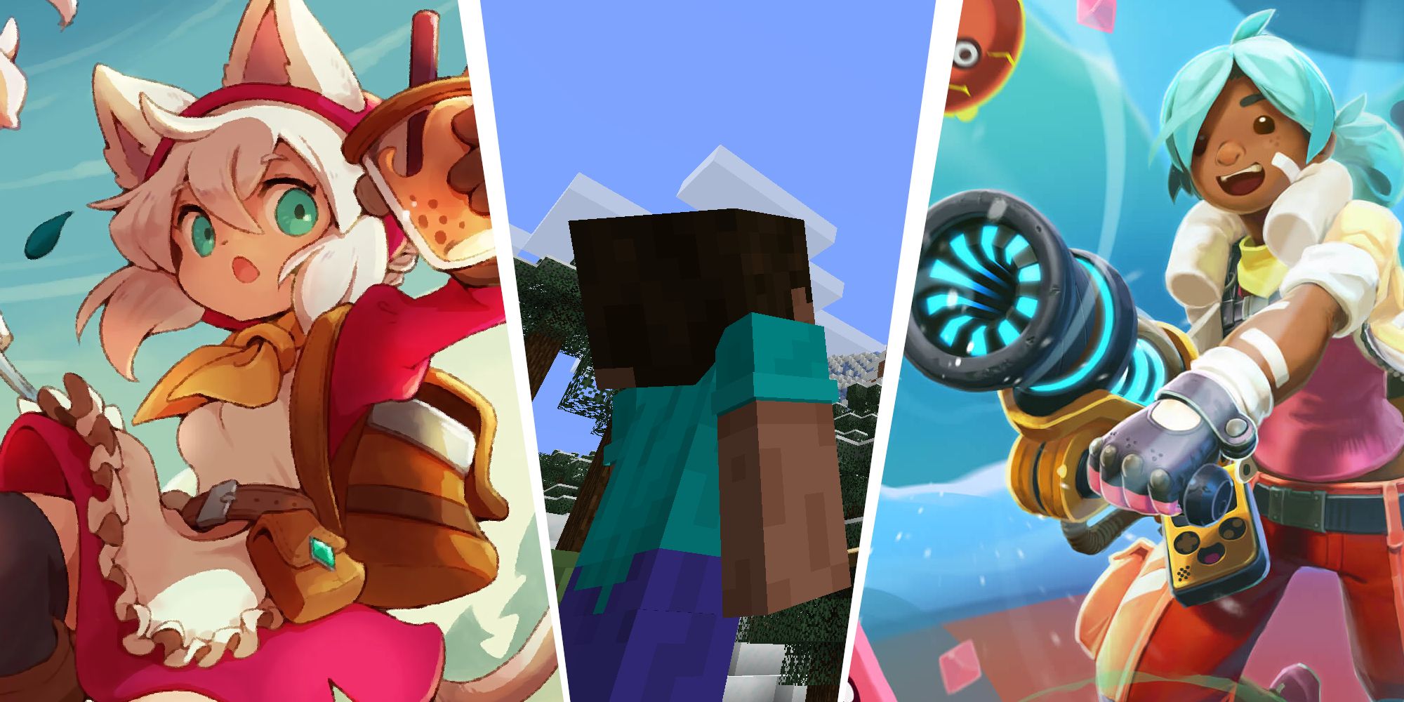 Best Cozy Games for Minmaxxing Thumbnail, featuring Cuisineer, Minecraft, and Slime Rancher.