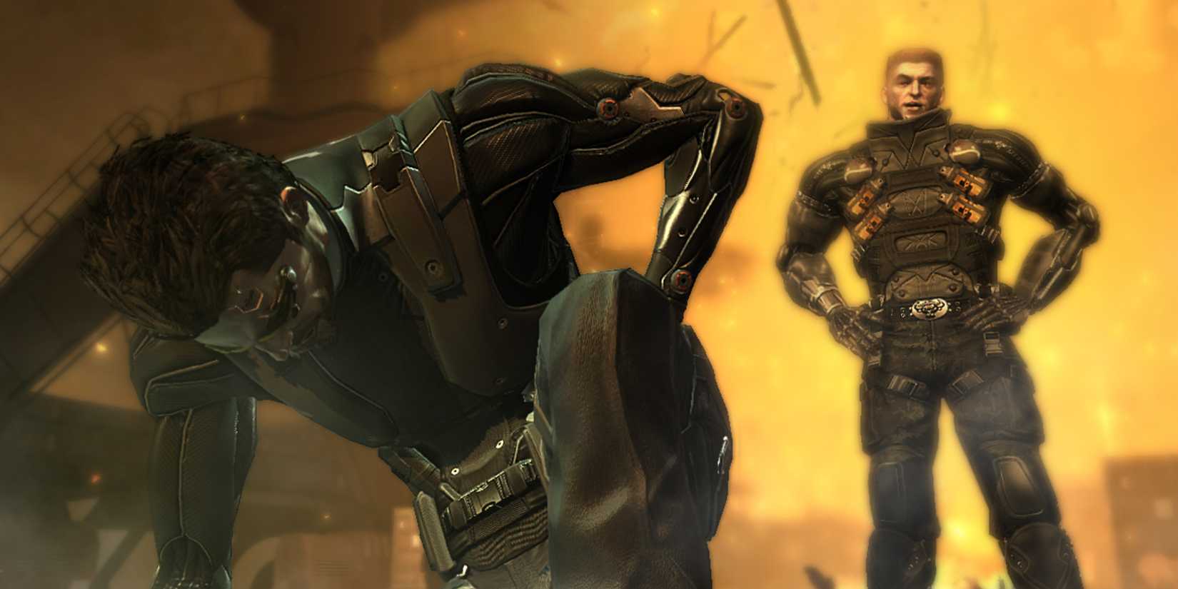 Deus Ex Human Revolution Lawrence Barrett standing over Adam Jensen 