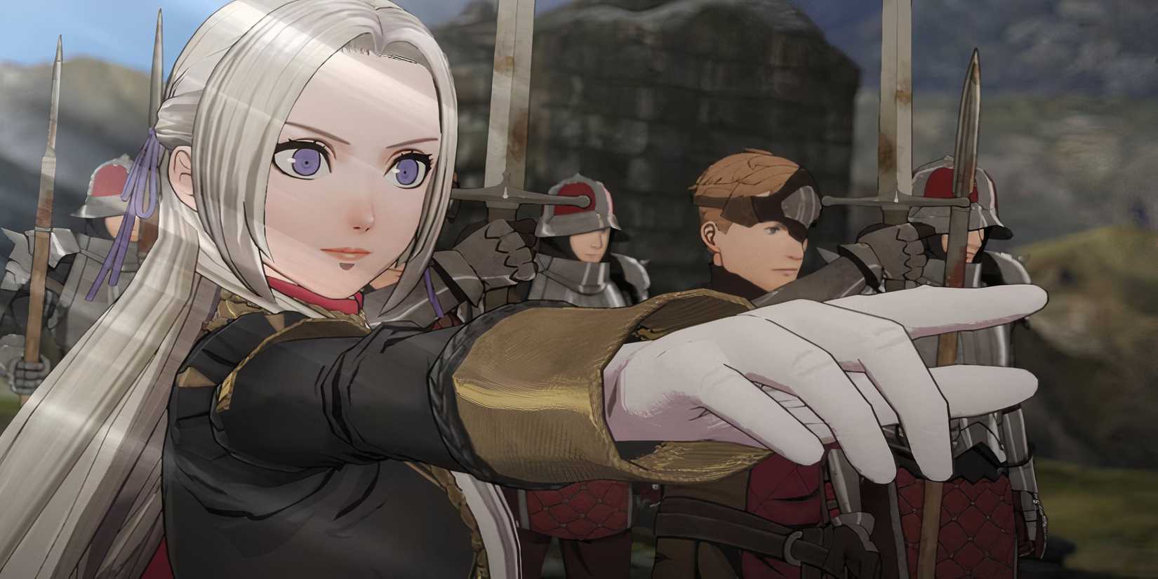 Fire Emblem Three Houses Edelgard points off screen during a battle