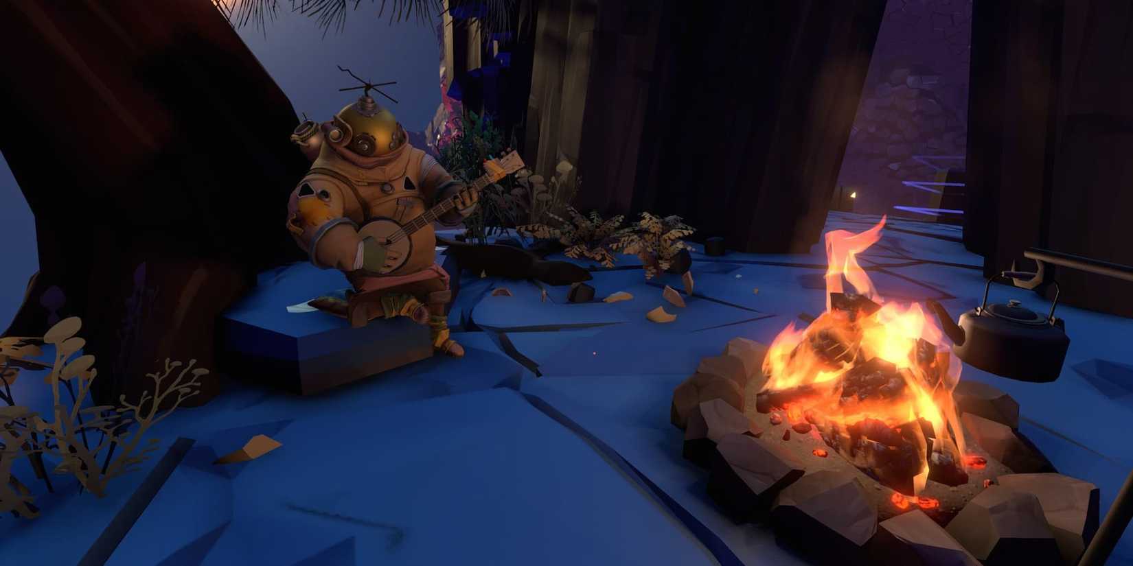 Explorer Sitting by a Fire Playing Music in Outer Wilds.