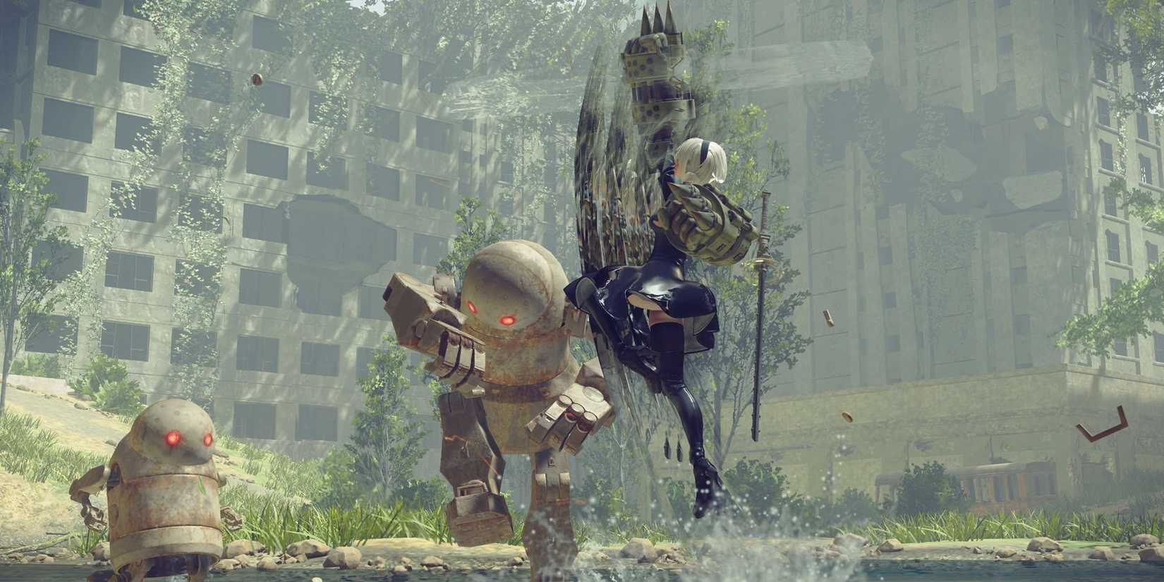 2B uses fists to fight machines in NieR: Automata