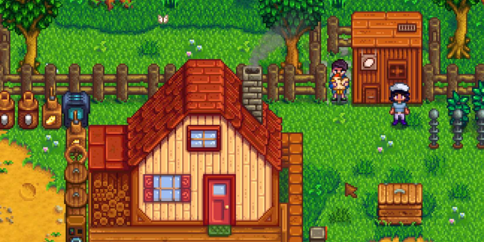 Shane and the farmer standing by his chicken coop on the farm in Stardew Valley.