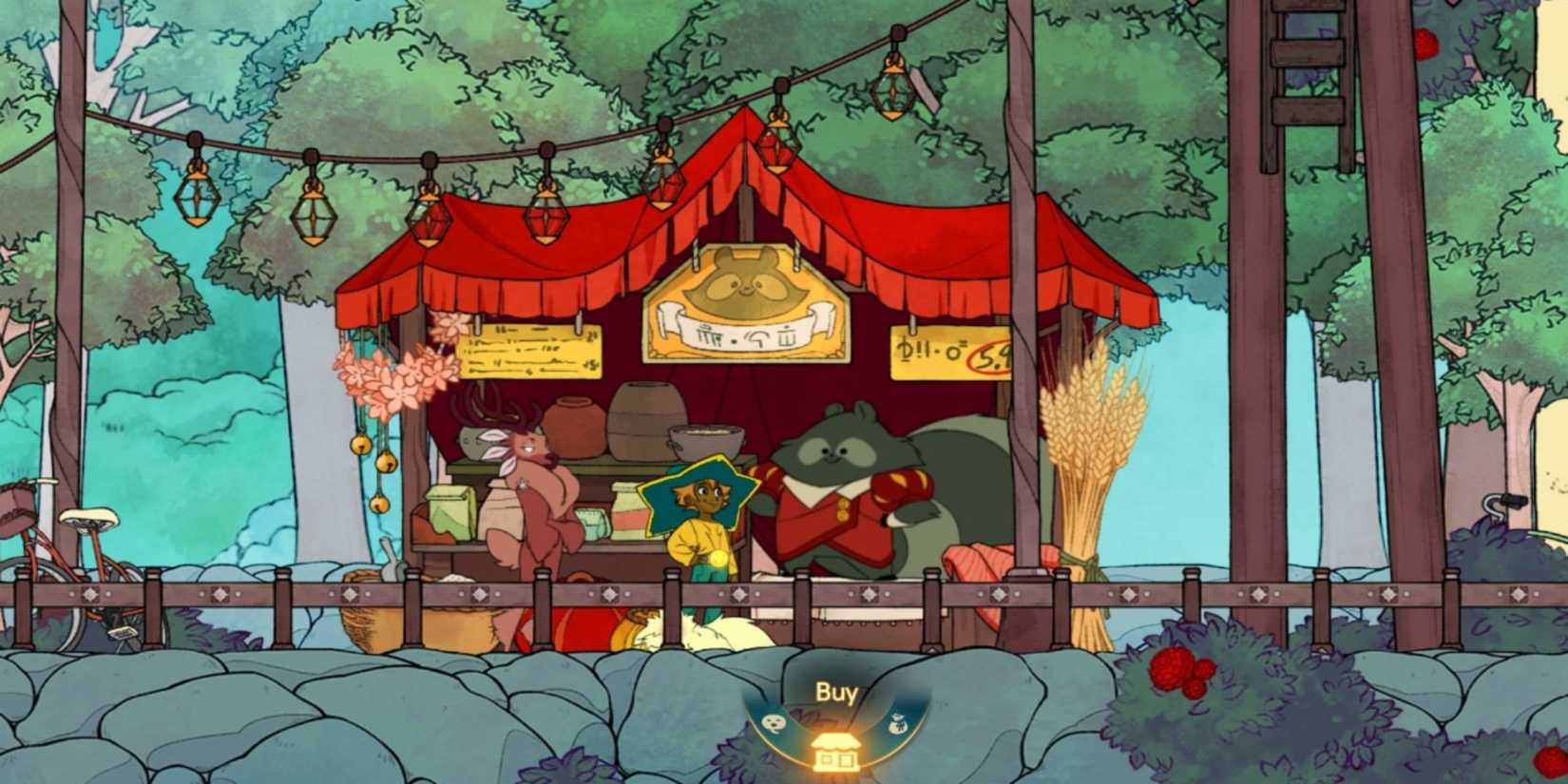 Buying an item at a merchant stall in Spiritfarer.