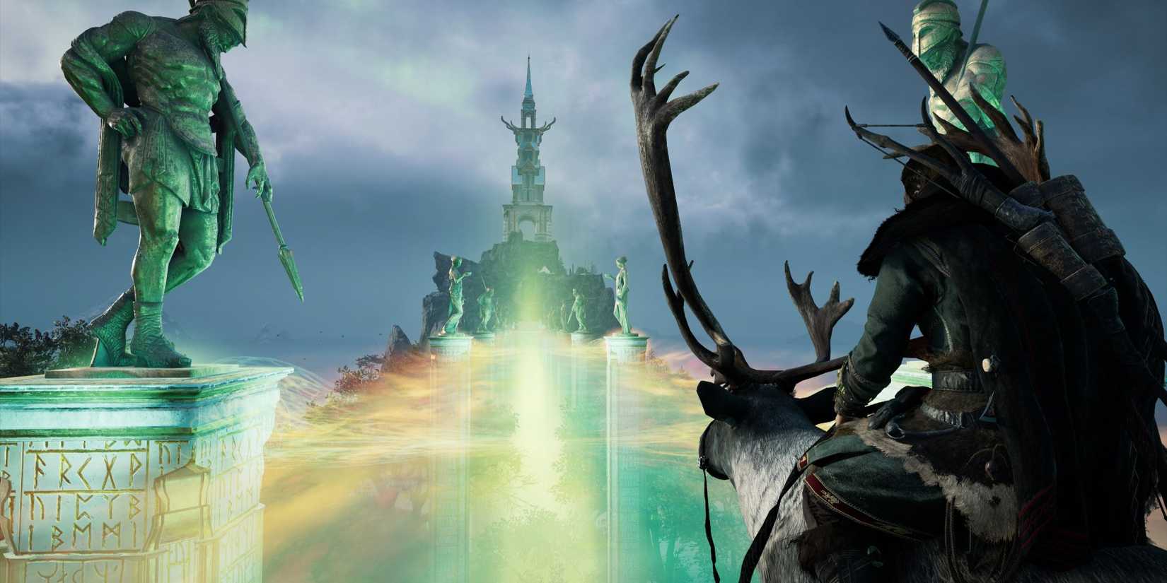 Assasin's Creed protagonist Eivor riding a large moose while crossing a rainbow bridge