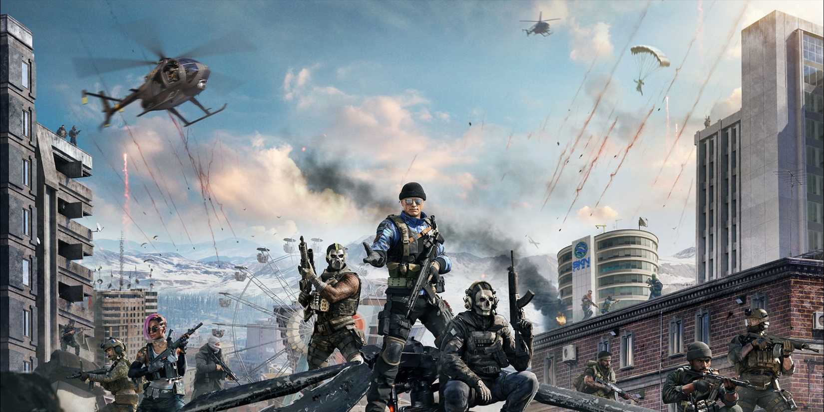 Wide shot of several Call of Duty soldiers stood in what appears to be an active firefight. One has their hand outstretched inviting the player to join.