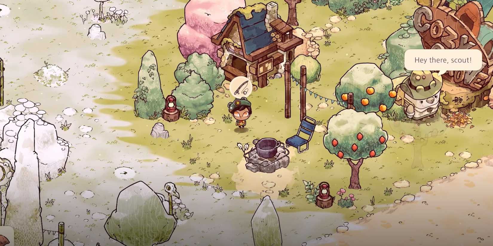 The player's house and yard in Cozy Grove.