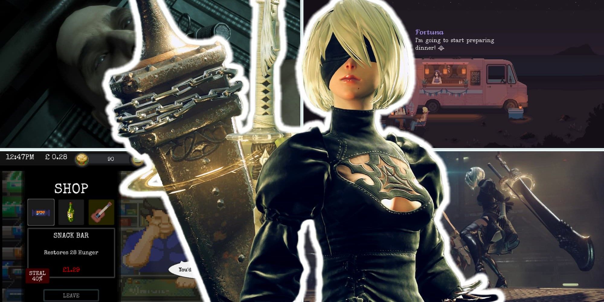 Games That Demand Multiple Playthroughs Collage with Images from The Mortuary Assistant, The Cosmic Wheel Sisterhood, Change, and NieR Automata