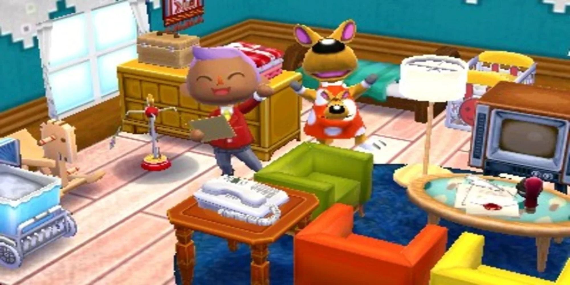 The player and client celebrate a completed design in Animal Crossing: Happy Home Designer. 