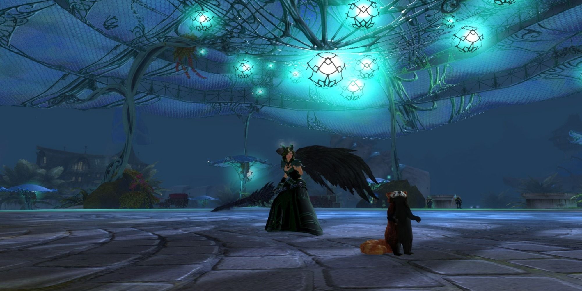 10 Open Worlds That Are Equally Beautiful And Dangerous The player holding a necromancer's greatsword in the Lion's Arch area of Guild Wars 2.