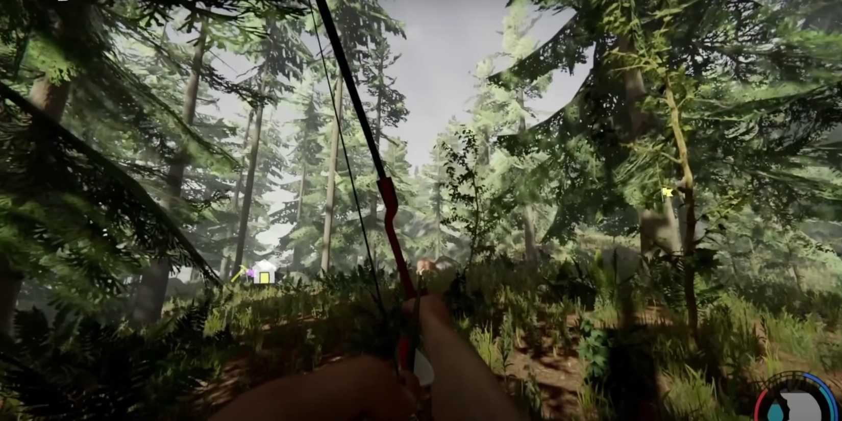 Hunt deer with wooden bow in forest forest.