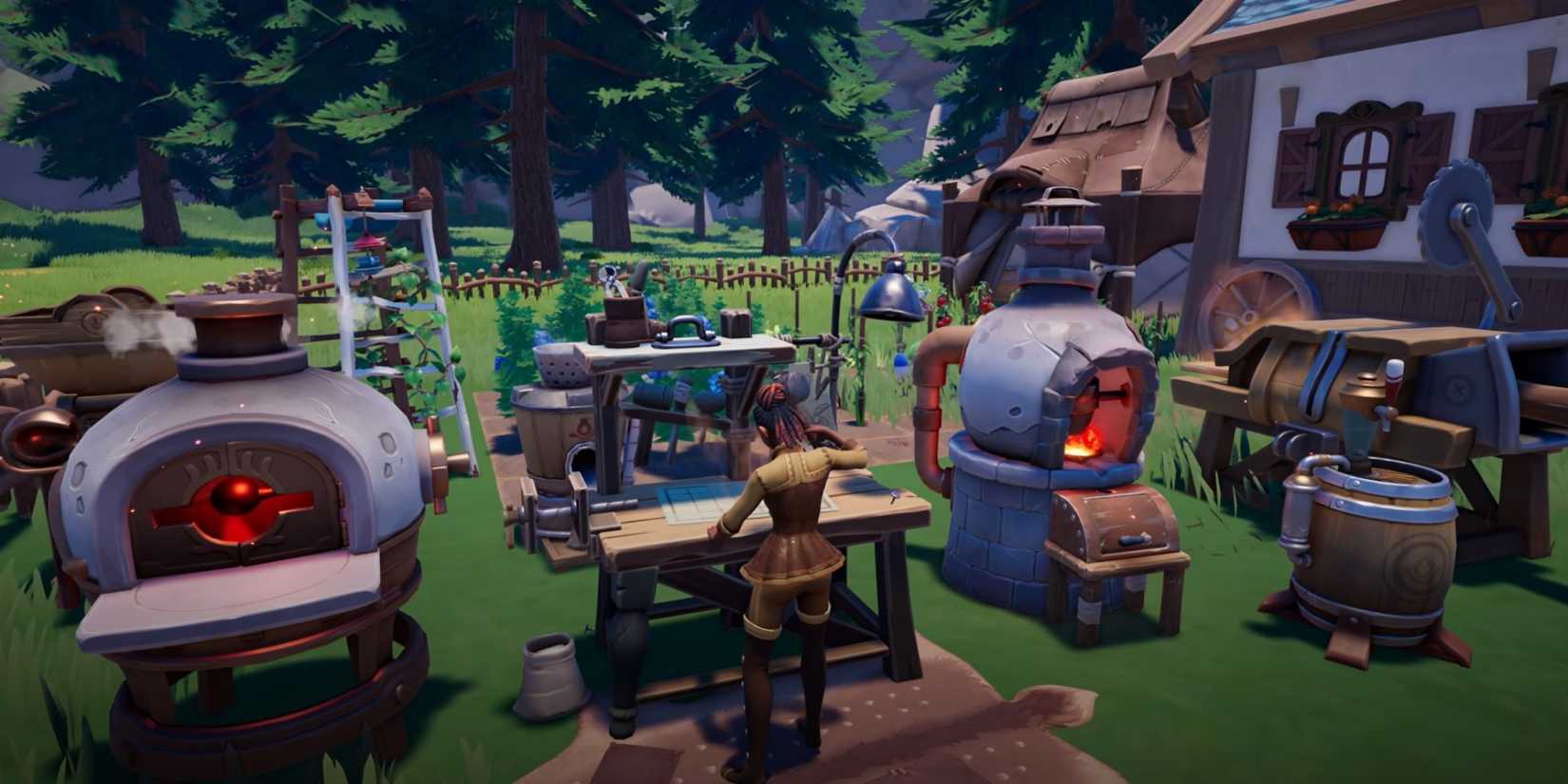 Using the crafting table in the farm instance of Palia.