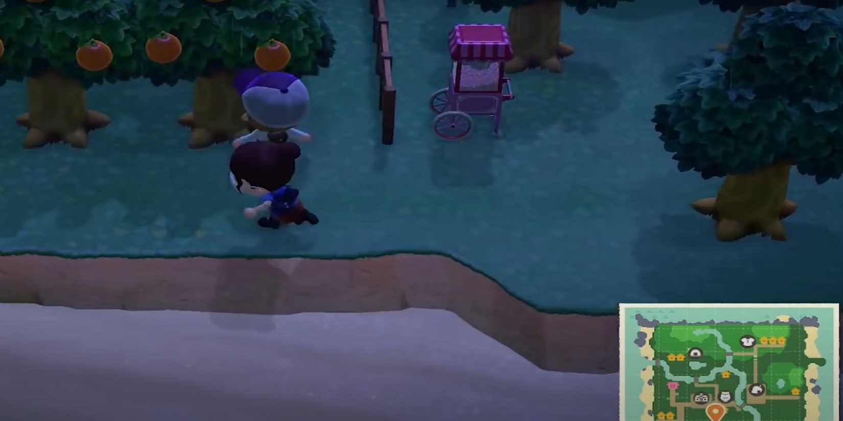 Running through an apple orchard on an island in Animal Crossing: New Horizons.