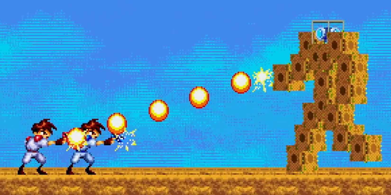 Fighting a boss in co-op in Gunstar heroes